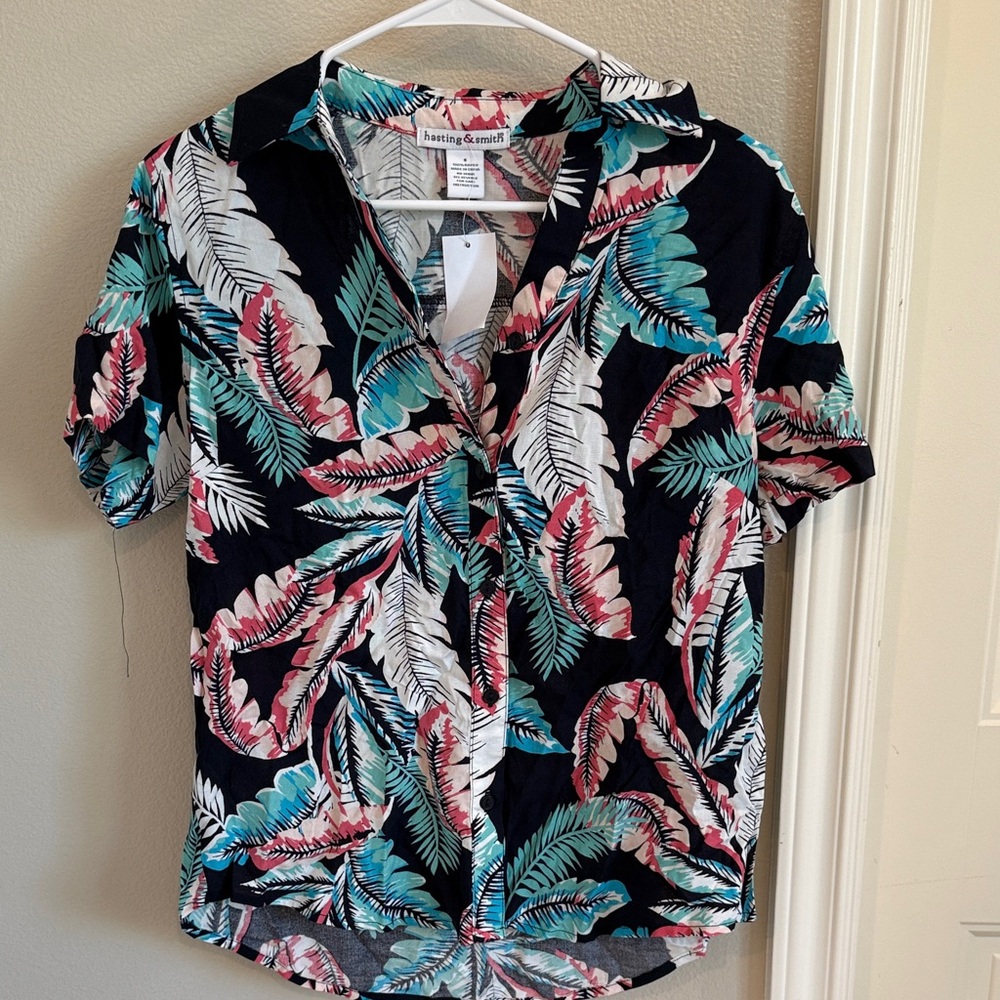 Tropical Leaf Print Women's Button Down Shirt - Black and Pink